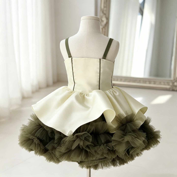 Olive green and ivory short flower girl dress M055 front view