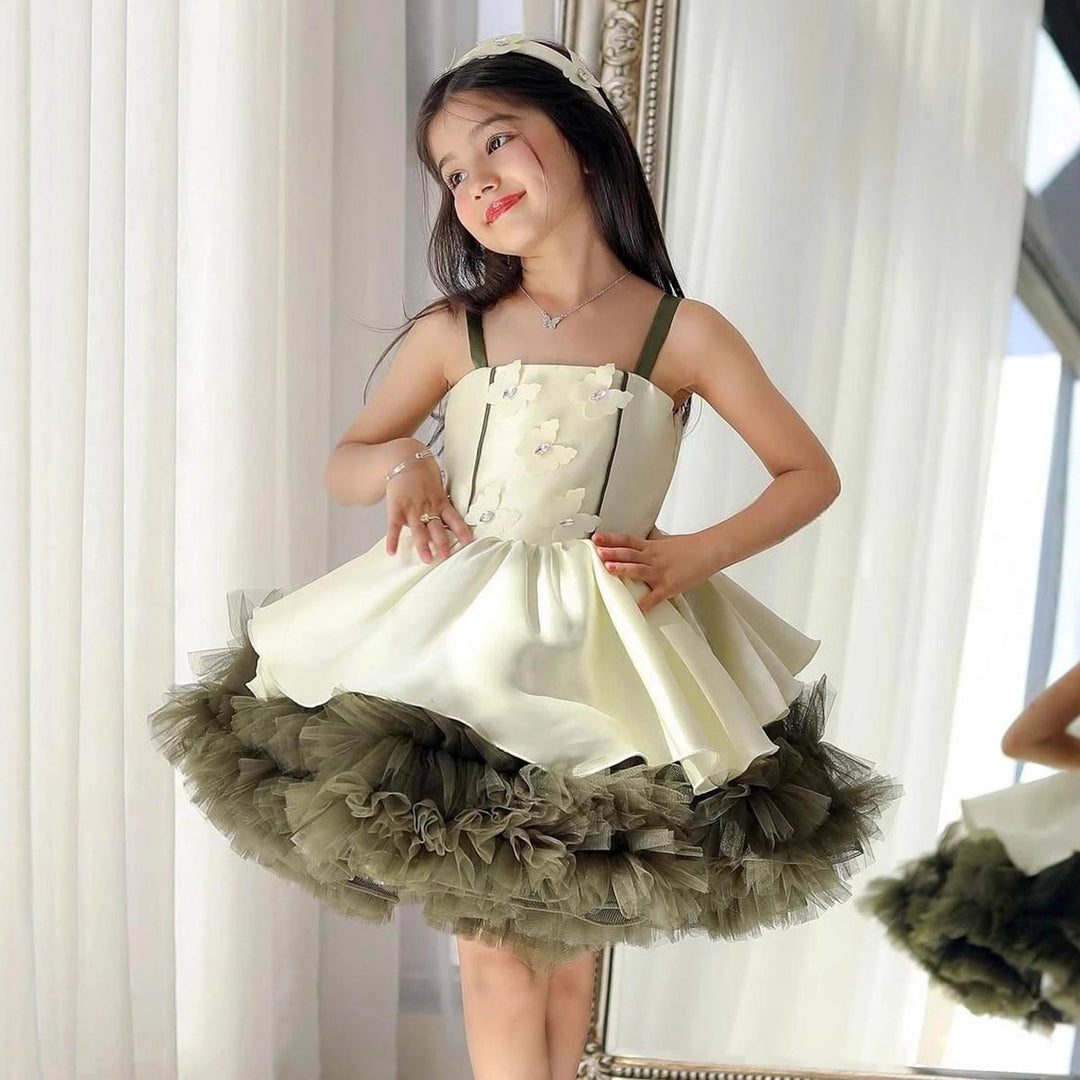 Olive green and ivory short flower girl dress M055 main view
