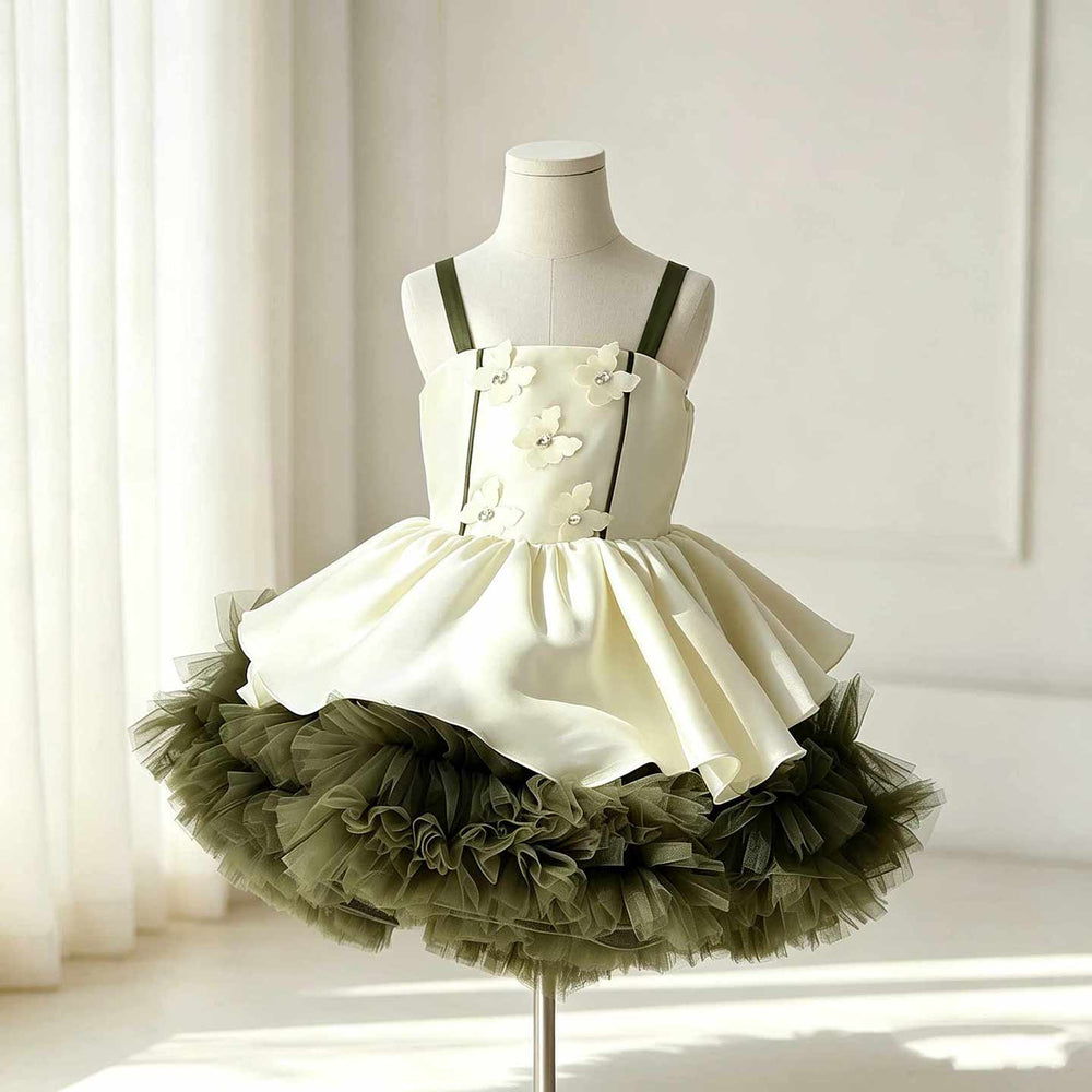 Olive green and ivory short flower girl dress M055 side view