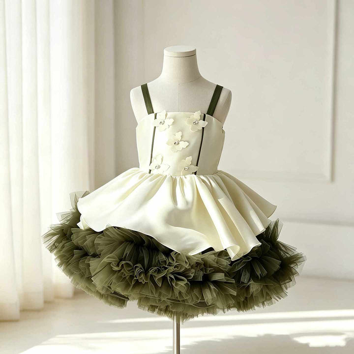 Olive green and ivory short flower girl dress M055 side view