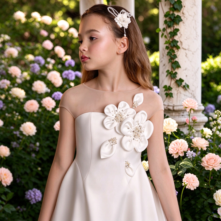 Dreamy Vow M090 White girls occasion dress, floral detail