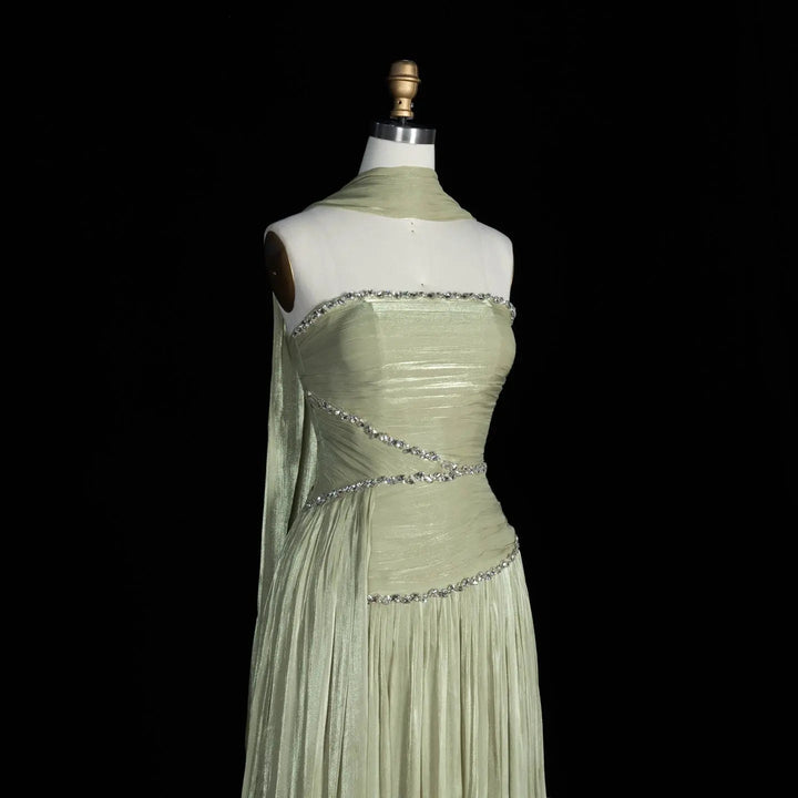 SF189 green strapless evening dress ruched bodice detail