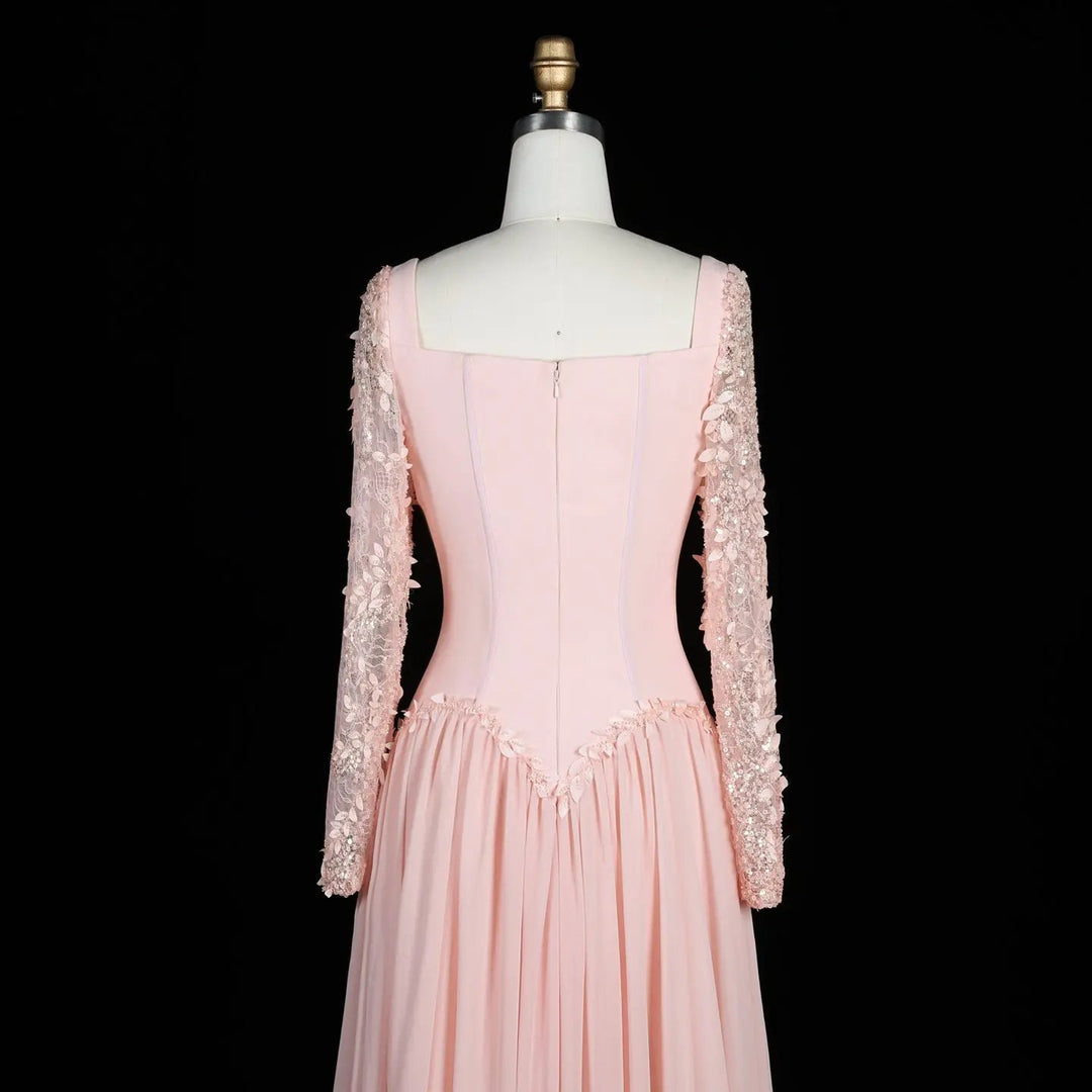 Dreamy Vow SF239 pink square neck long sleeve evening dress back detail