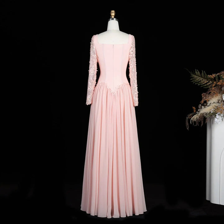 Dreamy Vow SF239 pink square neck long sleeve evening dress back