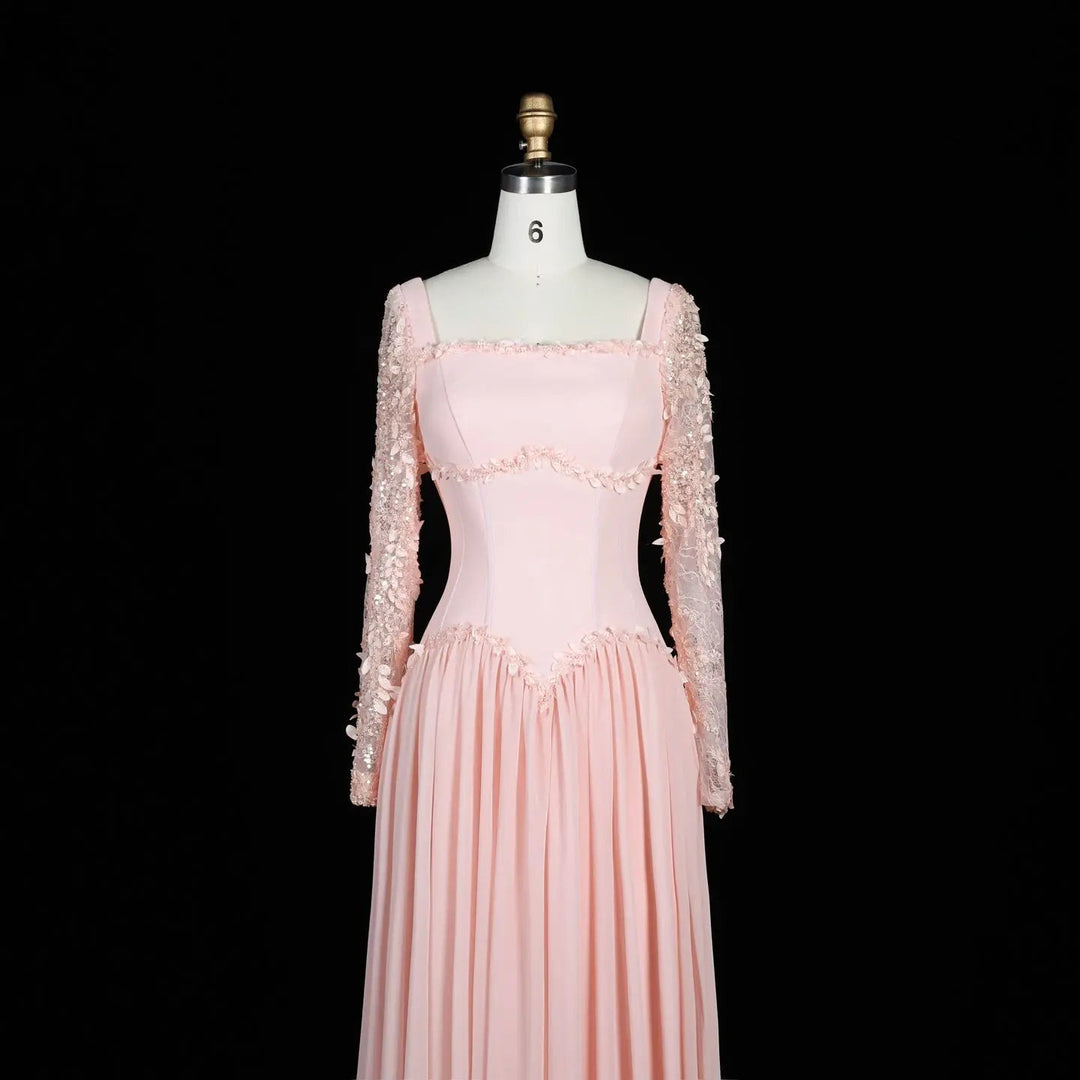 Dreamy Vow SF239 pink square neck long sleeve evening dress bodice front