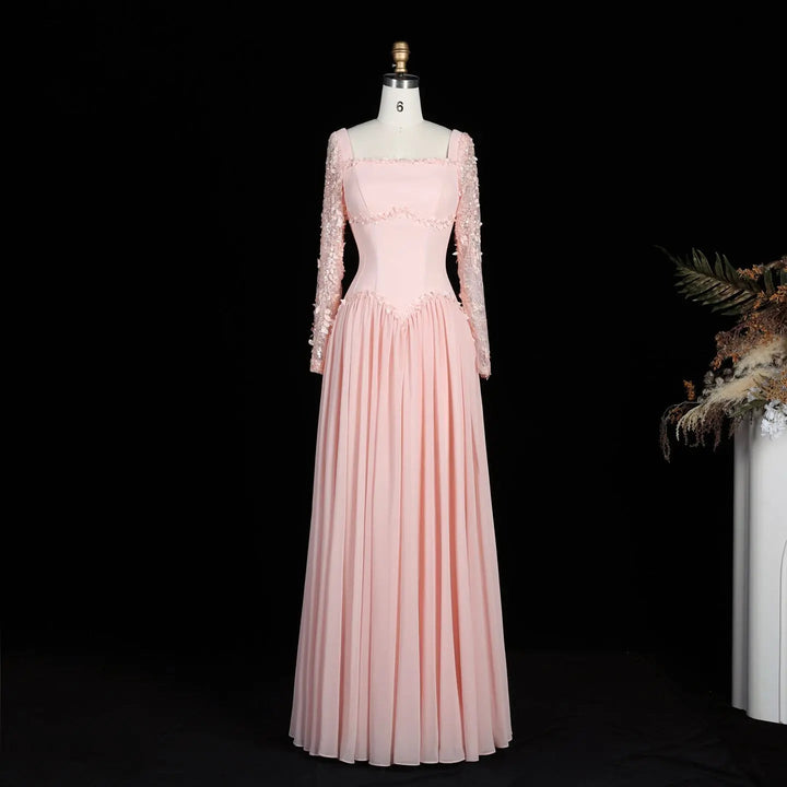 Dreamy Vow SF239 pink square neck long sleeve evening dress front