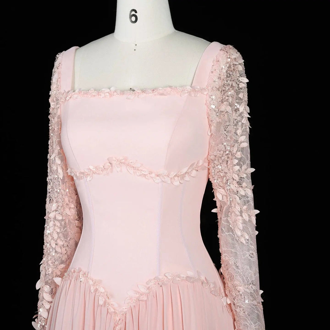 Dreamy Vow SF239 pink square neck long sleeve evening dress neckline detail