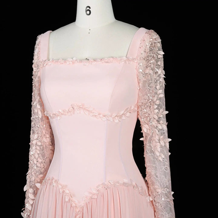 Dreamy Vow SF239 pink square neck long sleeve evening dress neckline detail