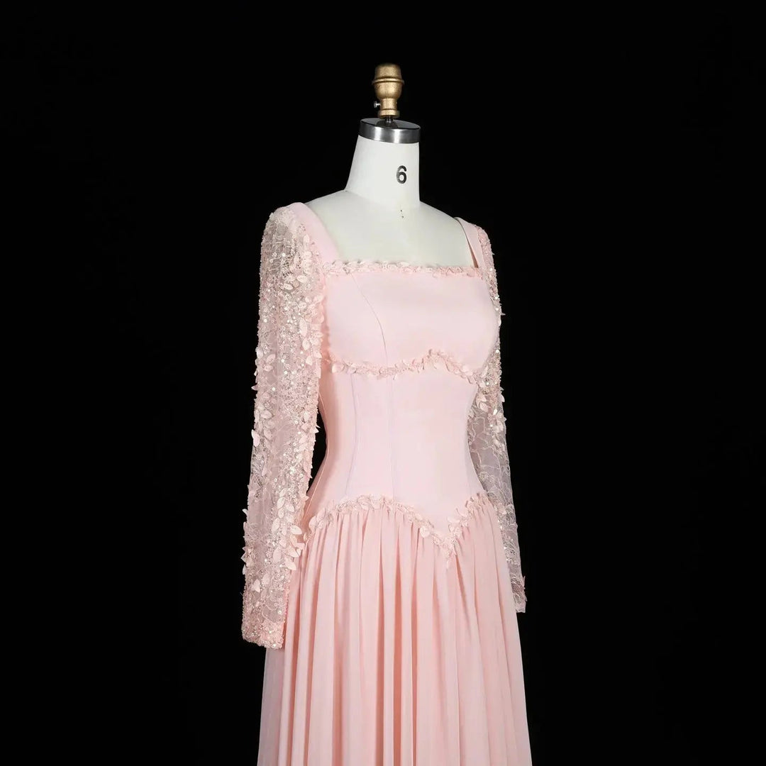 Dreamy Vow SF239 pink square neck long sleeve evening dress side front
