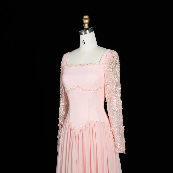 Dreamy Vow SF239 pink square neck long sleeve evening dress three quarter front