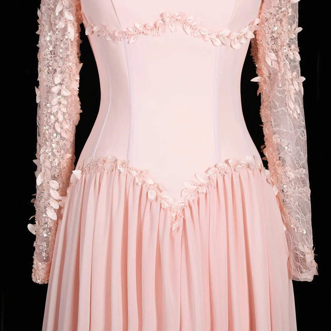 Dreamy Vow SF239 pink square neck long sleeve evening dress waist detail