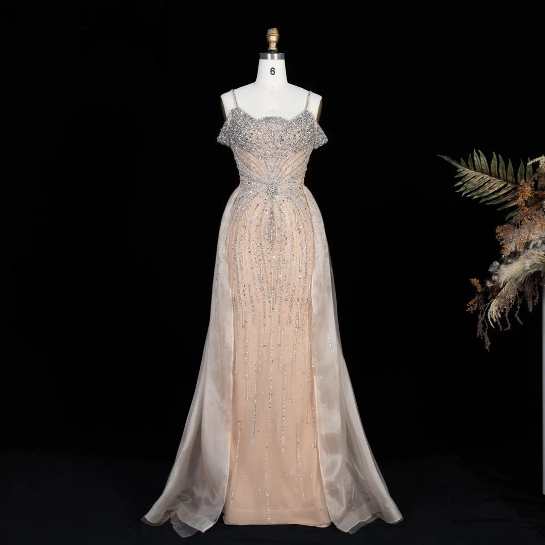 Dreamy Vow SS008 champagne off shoulder crystal beaded evening gown with overskirt