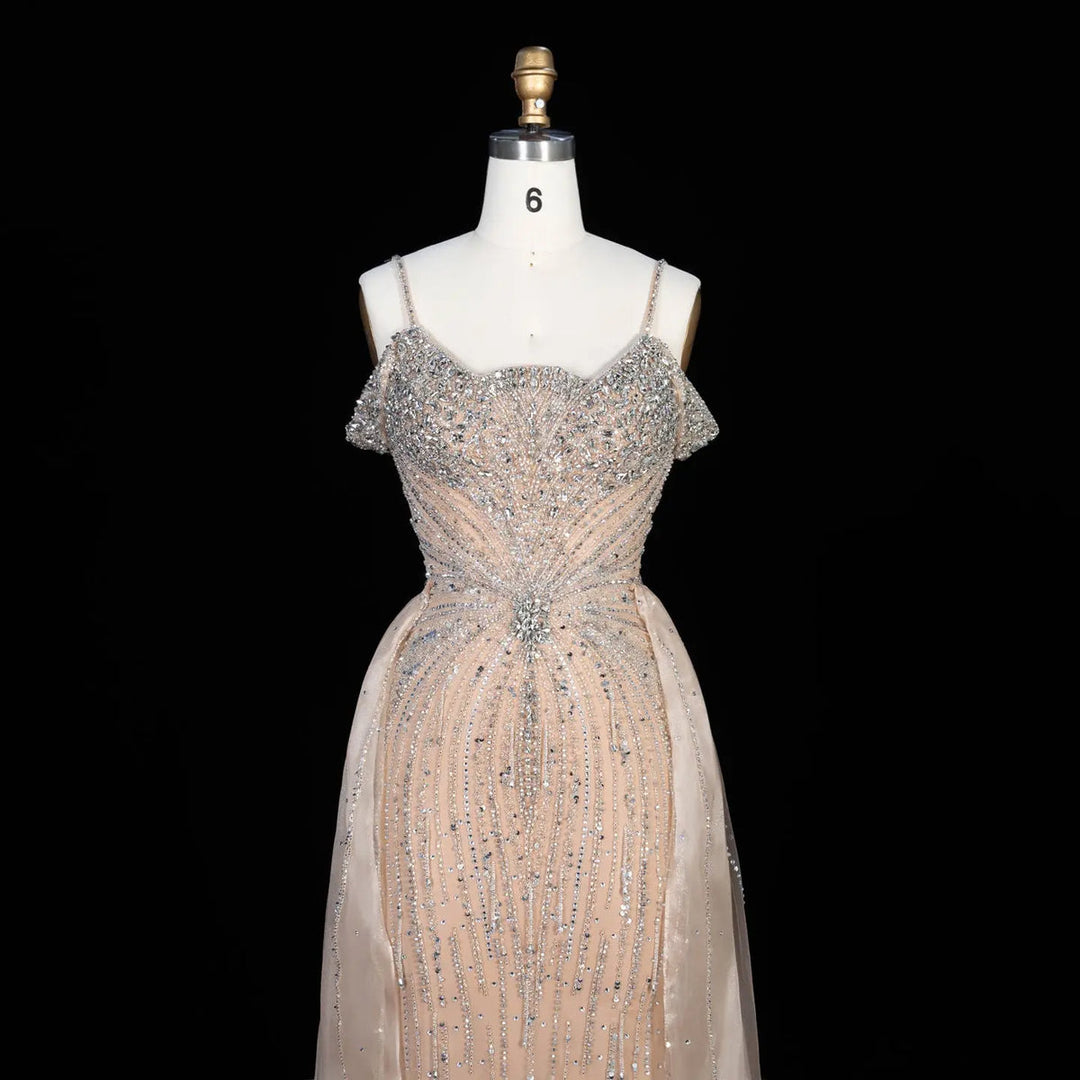 Dreamy Vow SS008 champagne off shoulder crystal beaded evening gown with overskirt