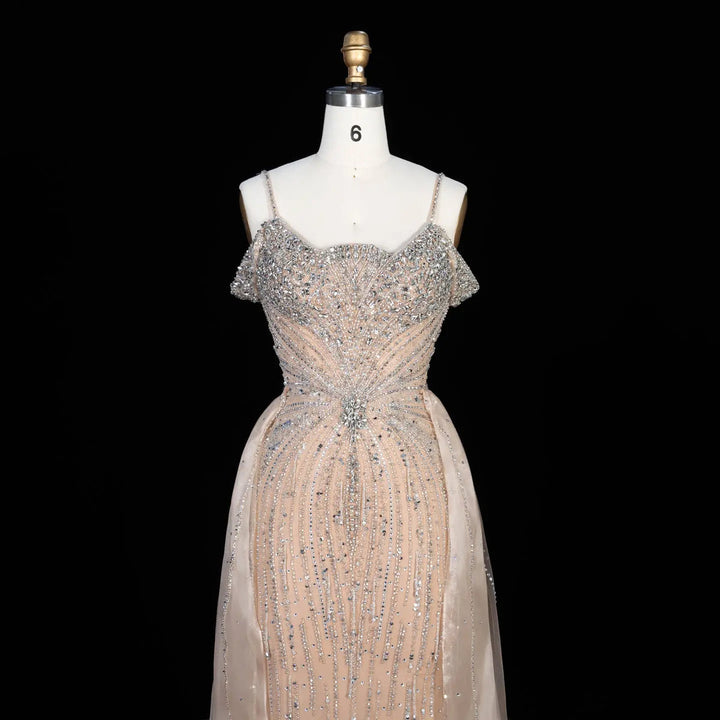 Dreamy Vow SS008 champagne off shoulder crystal beaded evening gown with overskirt