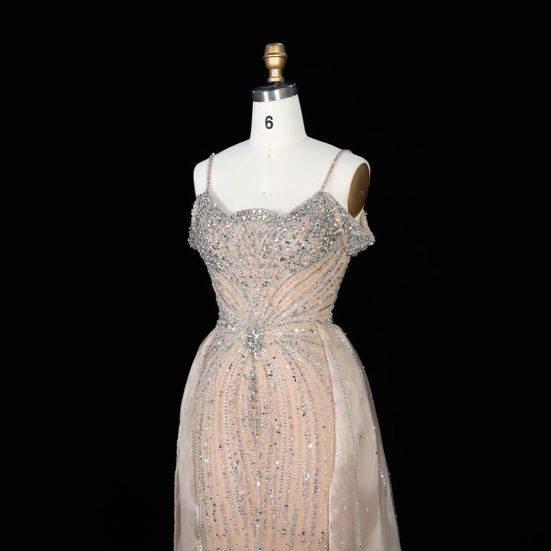 Dreamy Vow SS008 champagne off shoulder crystal beaded evening gown with overskirt