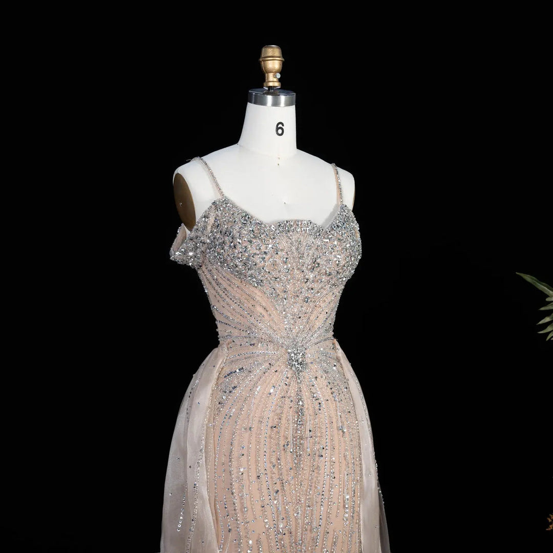 Dreamy Vow SS008 champagne off shoulder crystal beaded evening gown with overskirt