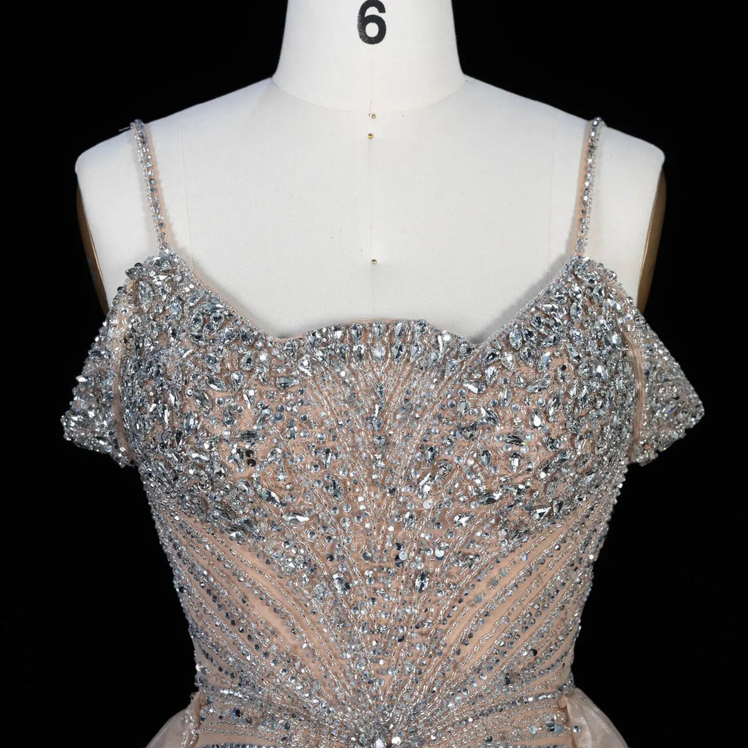 Dreamy Vow SS008 champagne off shoulder crystal beaded evening gown with overskirt