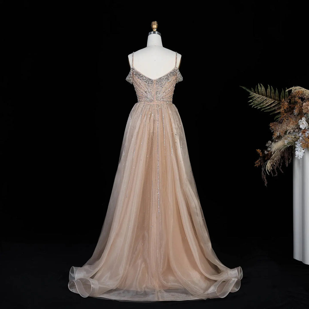 Dreamy Vow SS008 champagne off shoulder crystal beaded evening gown with overskirt