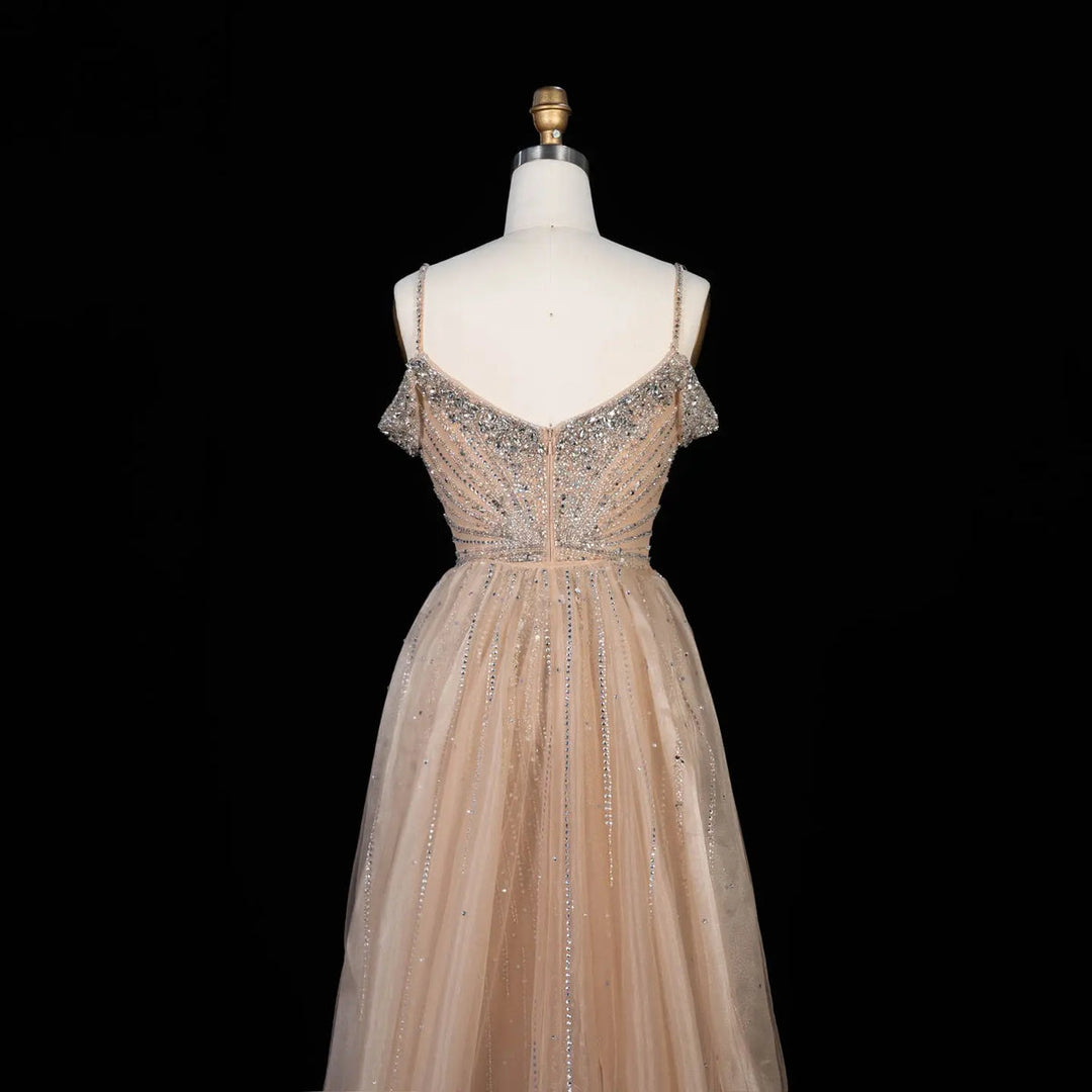 Dreamy Vow SS008 champagne off shoulder crystal beaded evening gown with overskirt