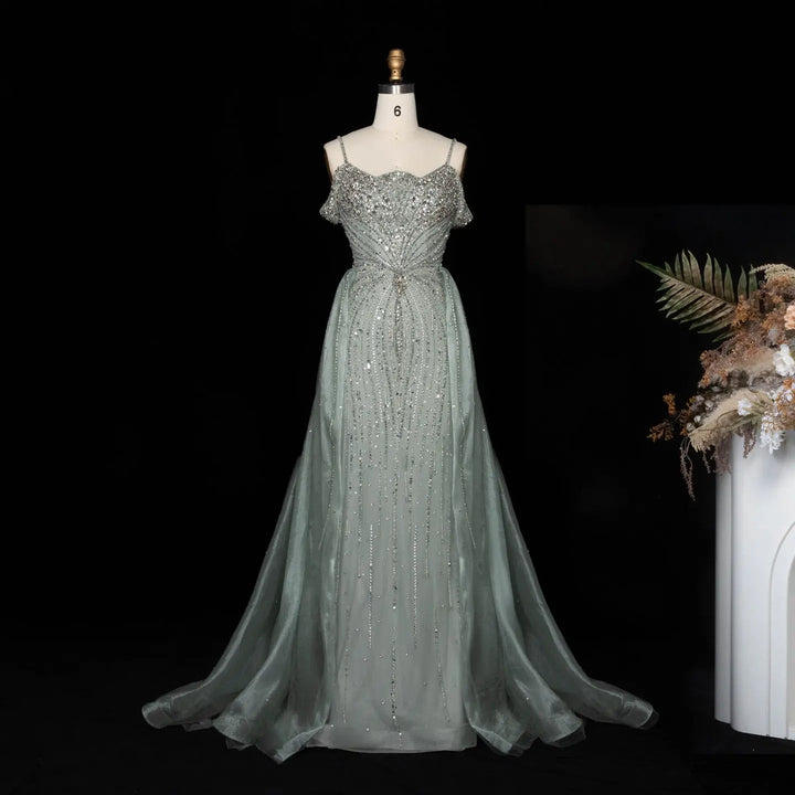 Dreamy Vow SS008 green off shoulder crystal beaded evening gown with overskirt