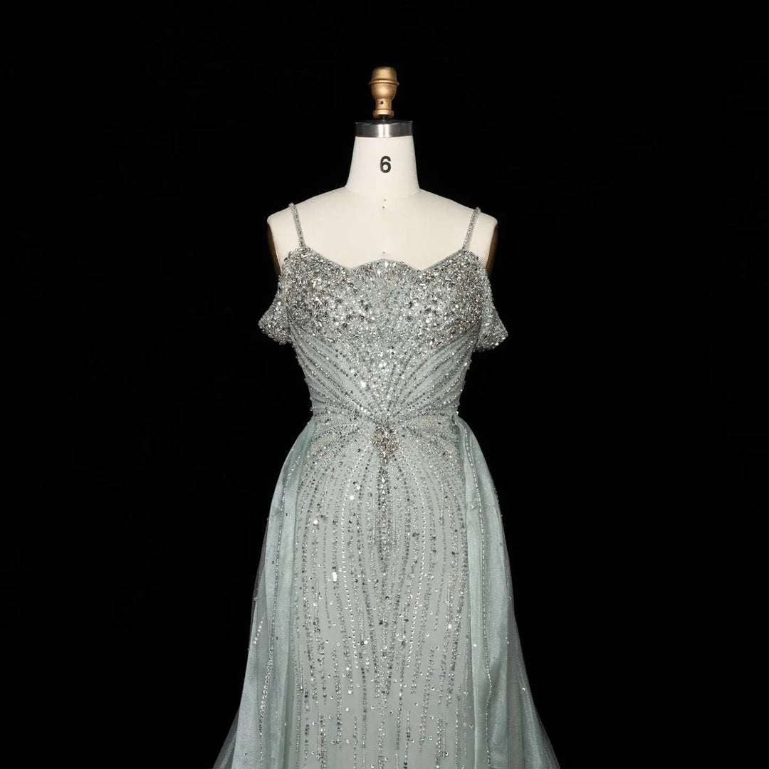 Dreamy Vow SS008 green off shoulder crystal beaded evening gown with overskirt