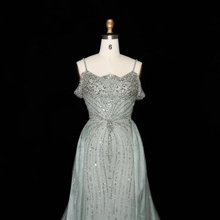 Dreamy Vow SS008 green off shoulder crystal beaded evening gown with overskirt
