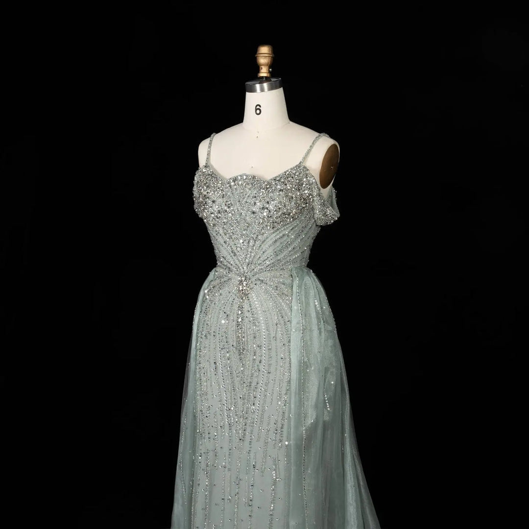 Dreamy Vow SS008 green off shoulder crystal beaded evening gown with overskirt