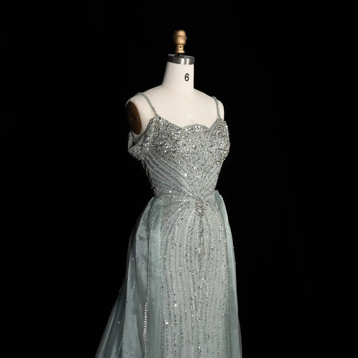 Dreamy Vow SS008 green off shoulder crystal beaded evening gown with overskirt