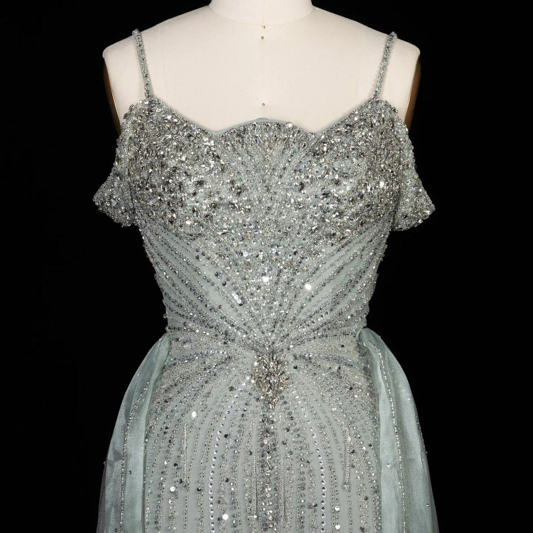 Dreamy Vow SS008 green off shoulder crystal beaded evening gown with overskirt