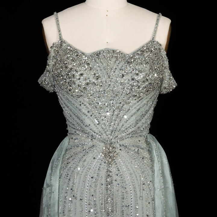 Dreamy Vow SS008 green off shoulder crystal beaded evening gown with overskirt