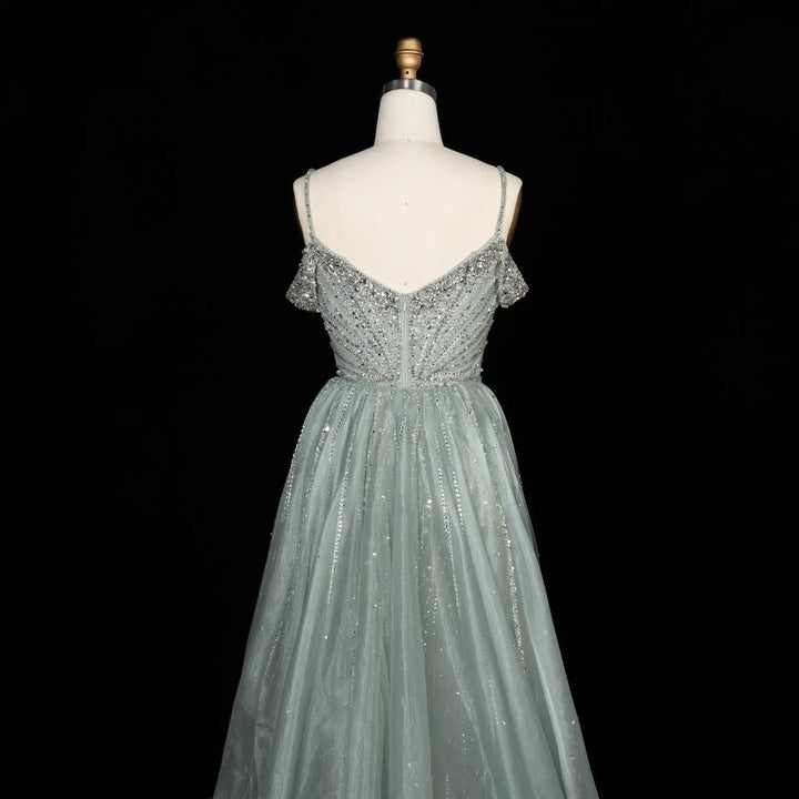 Dreamy Vow SS008 green off shoulder crystal beaded evening gown with overskirt