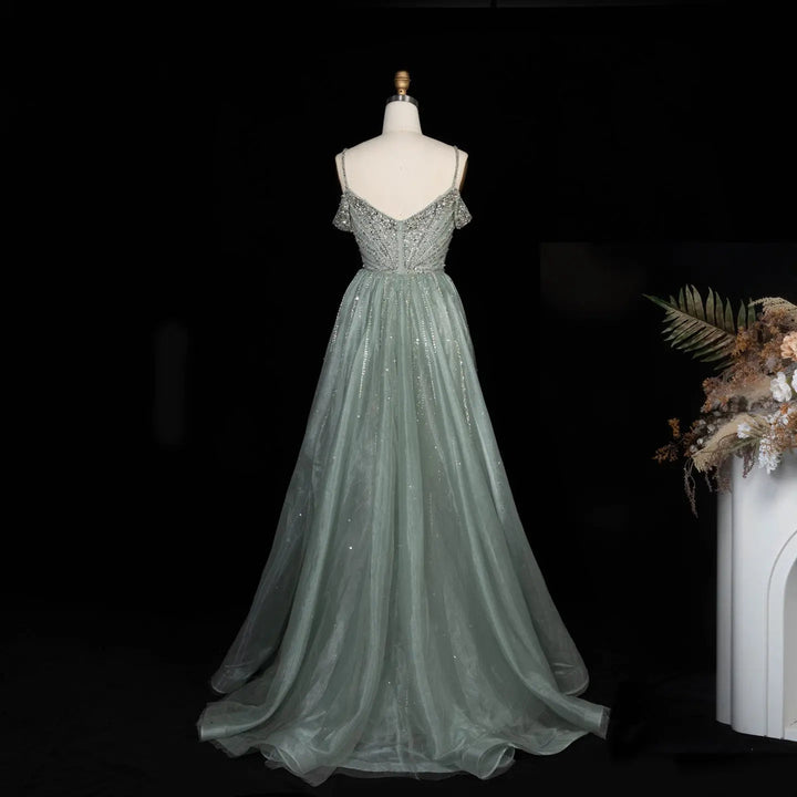 Dreamy Vow SS008 green off shoulder crystal beaded evening gown with overskirt