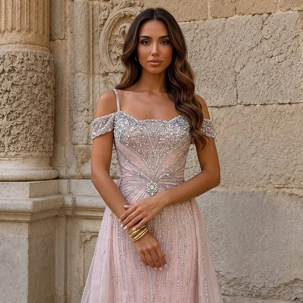 Dreamy Vow SS008 pink off shoulder crystal beaded evening gown with overskirt