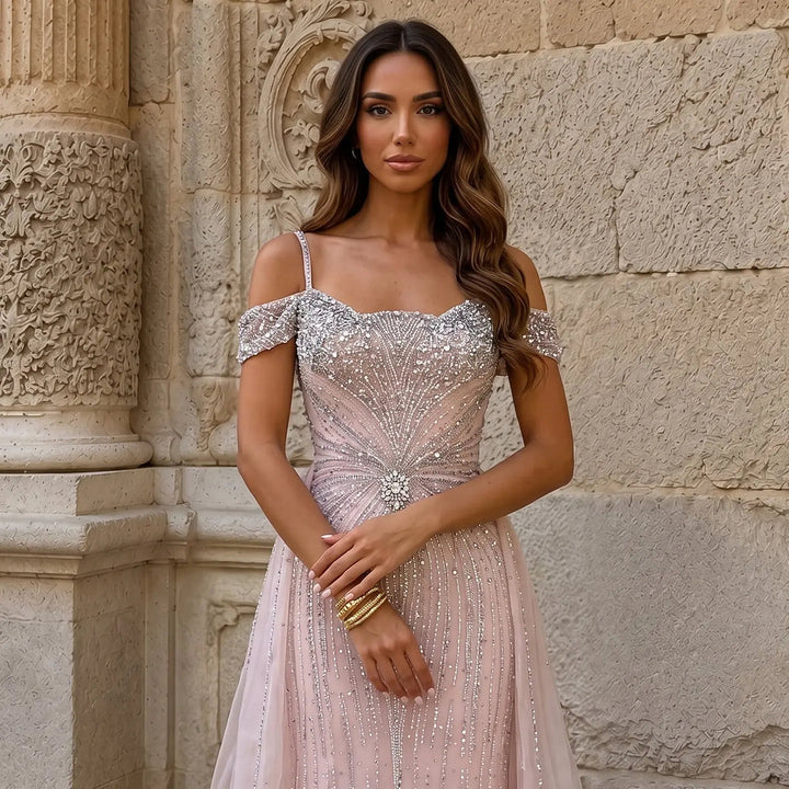 Dreamy Vow SS008 pink off shoulder crystal beaded evening gown with overskirt