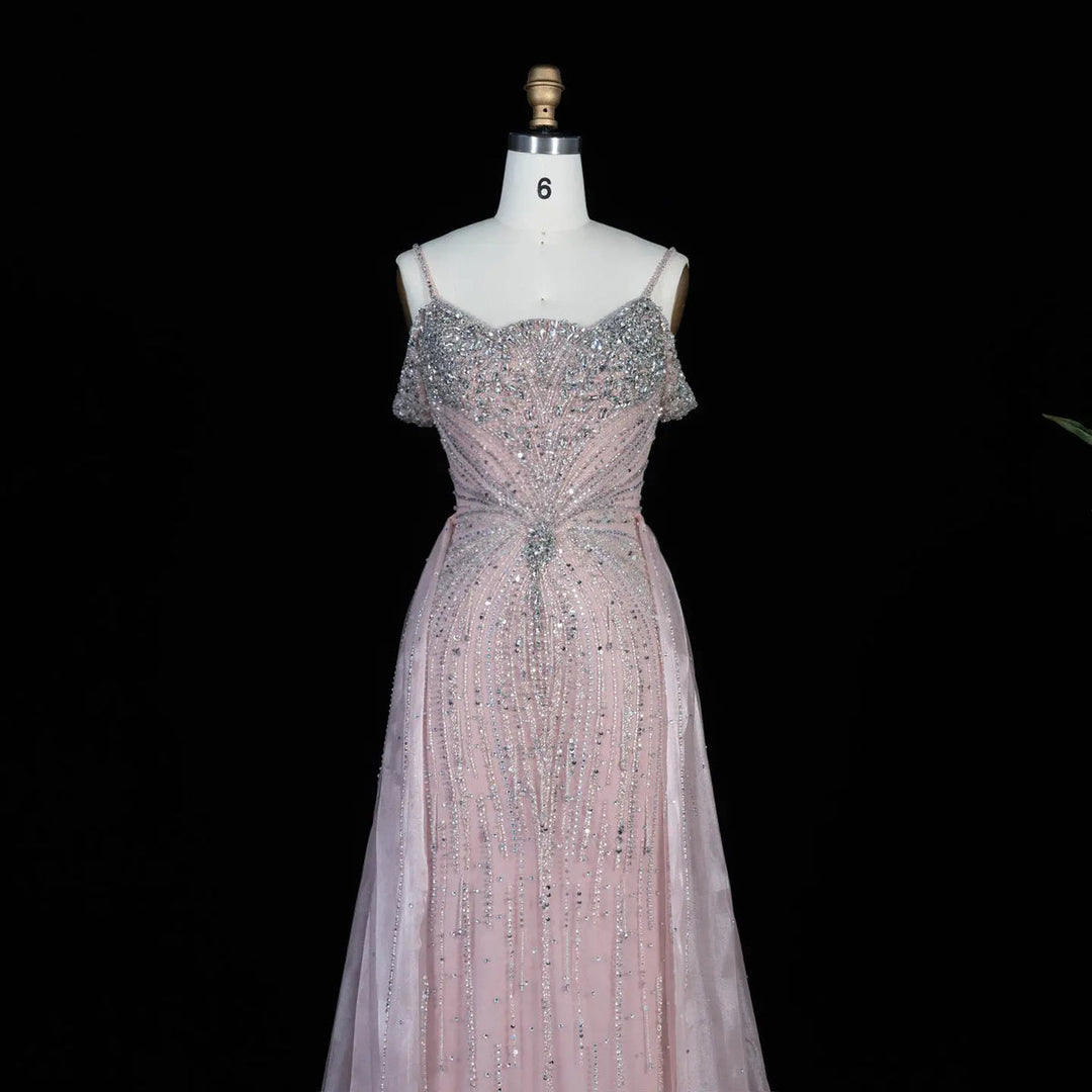 Dreamy Vow SS008 pink off shoulder crystal beaded evening gown with overskirt