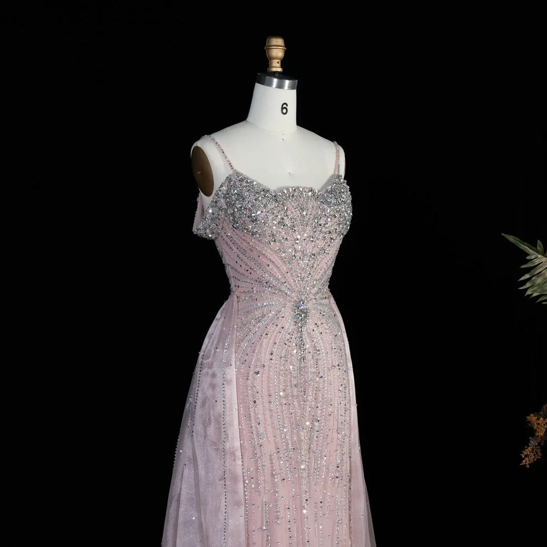 Dreamy Vow SS008 pink off shoulder crystal beaded evening gown with overskirt