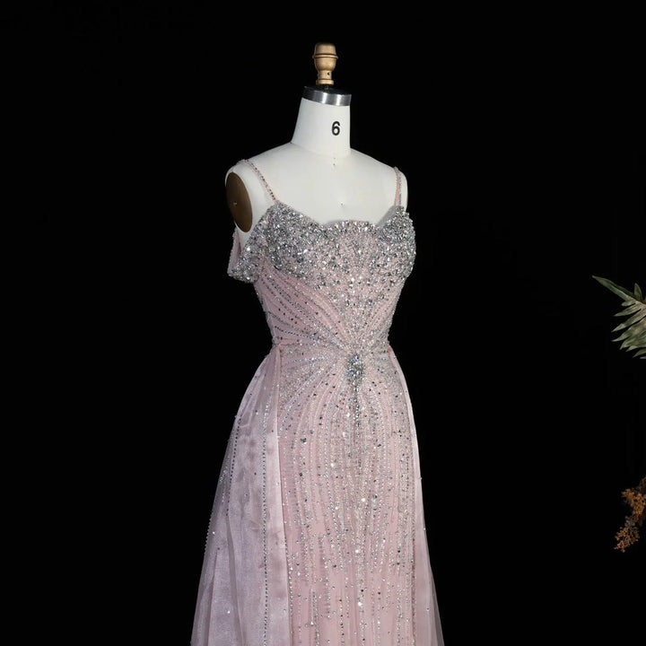 Dreamy Vow SS008 pink off shoulder crystal beaded evening gown with overskirt