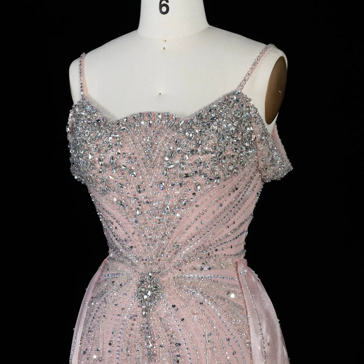 Dreamy Vow SS008 pink off shoulder crystal beaded evening gown with overskirt