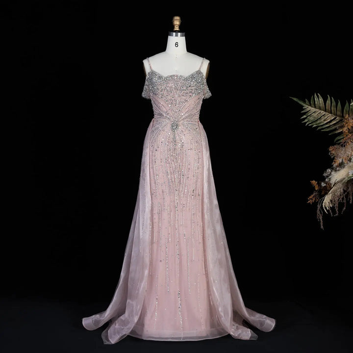 Dreamy Vow SS008 pink off shoulder crystal beaded evening gown with overskirt