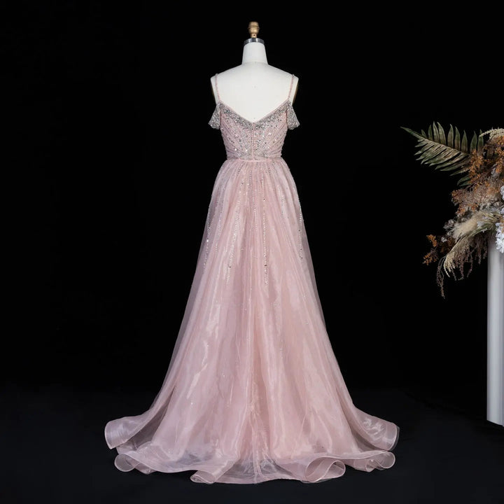 Dreamy Vow SS008 pink off shoulder crystal beaded evening gown with overskirt
