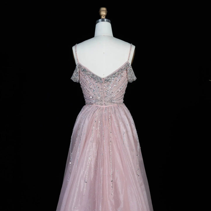 Dreamy Vow SS008 pink off shoulder crystal beaded evening gown with overskirt