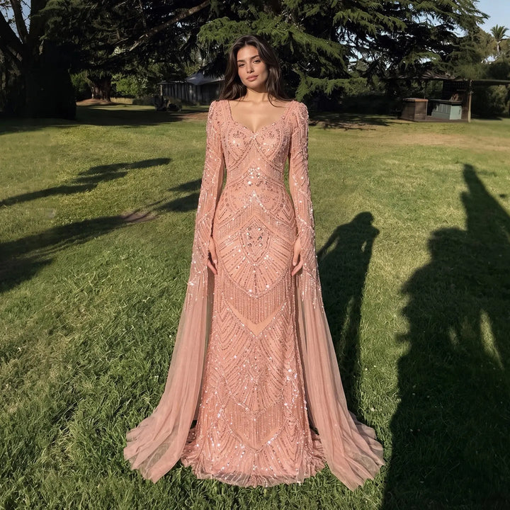 Dreamy Vow SS015 pink geometric beaded V-neck long sleeve evening dress model front
