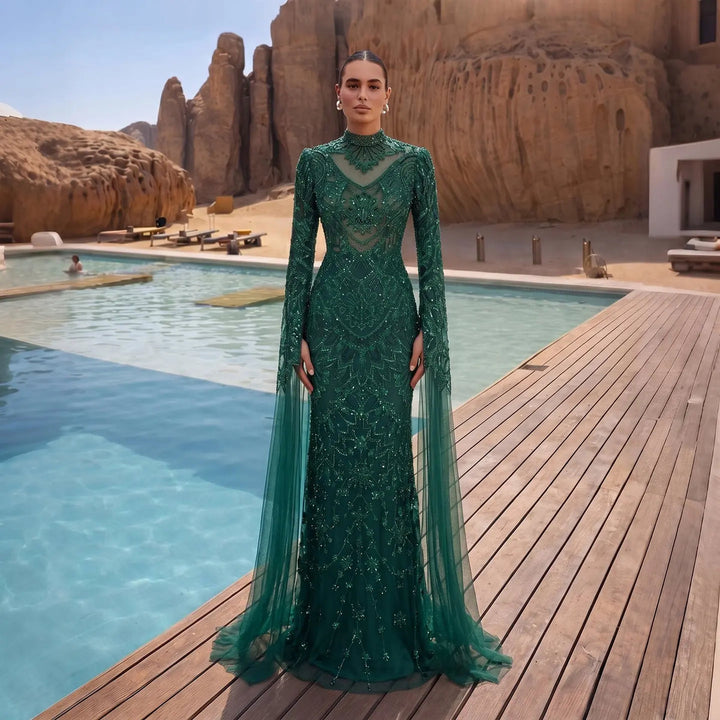 Dreamy Vow SS017 emerald green high neck beaded cape evening gown