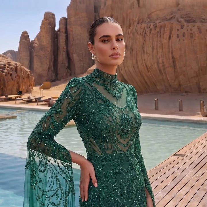 Dreamy Vow SS017 emerald green high neck beaded cape evening gown