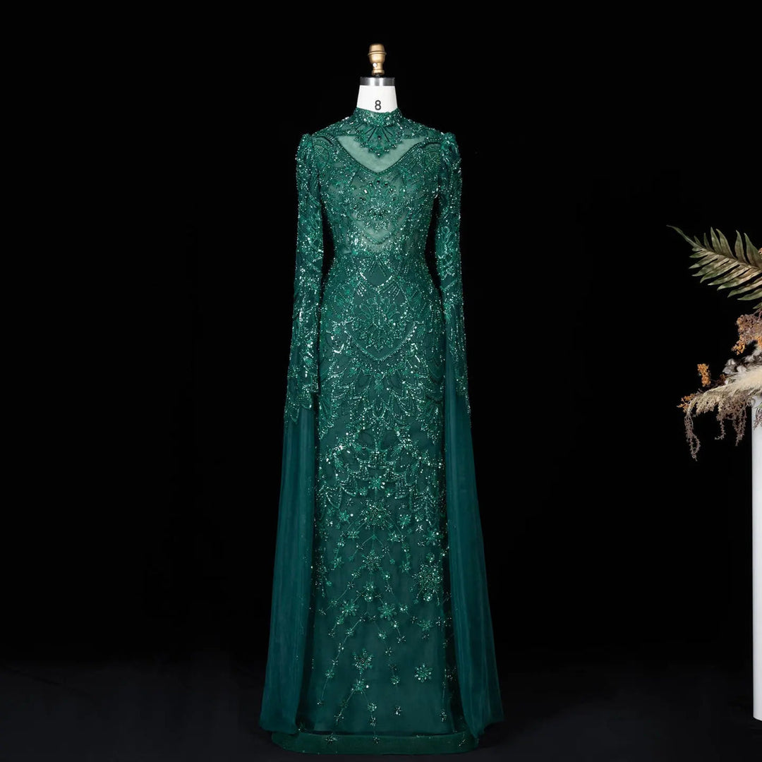 Dreamy Vow SS017 emerald green high neck beaded cape evening gown