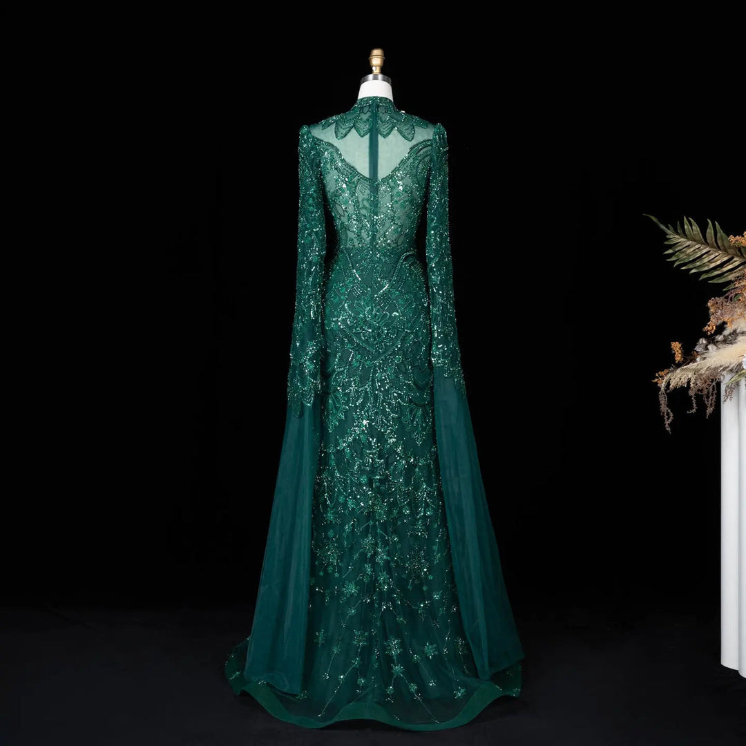 Dreamy Vow SS017 emerald green high neck beaded cape evening gown