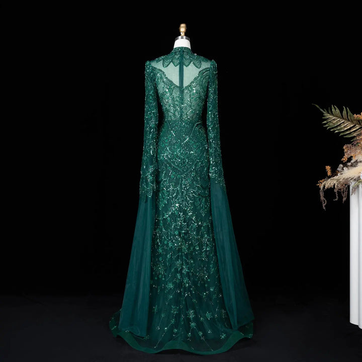 Dreamy Vow SS017 emerald green high neck beaded cape evening gown