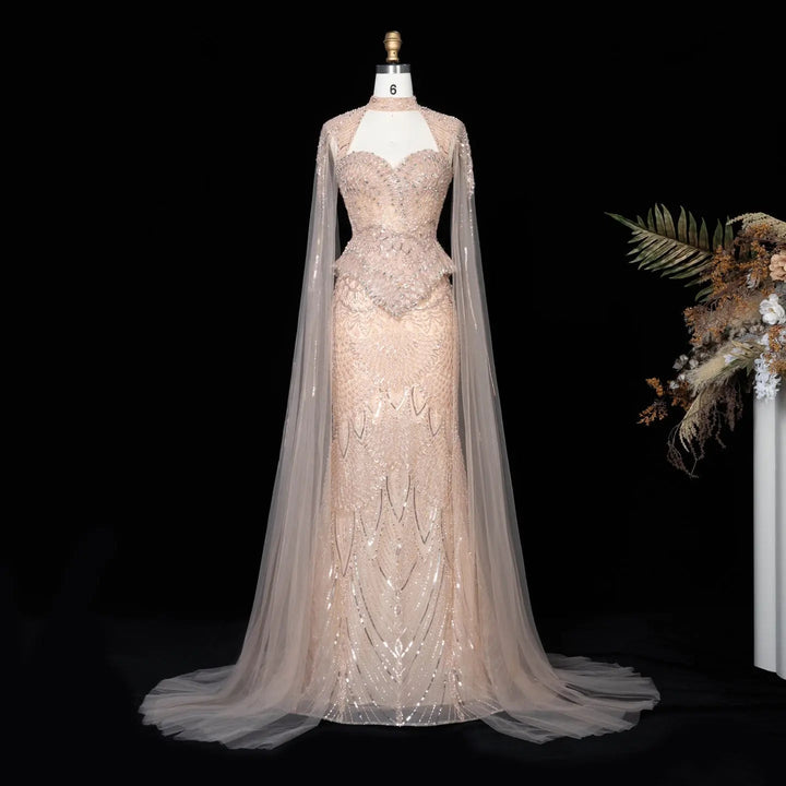 Dreamy Vow SS018 champagne beaded sequin evening dress front black background