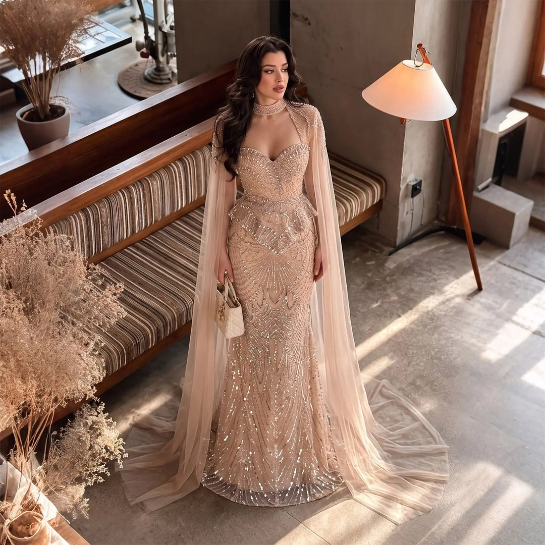 Dreamy Vow SS018 champagne beaded sequin mermaid evening dress model full view