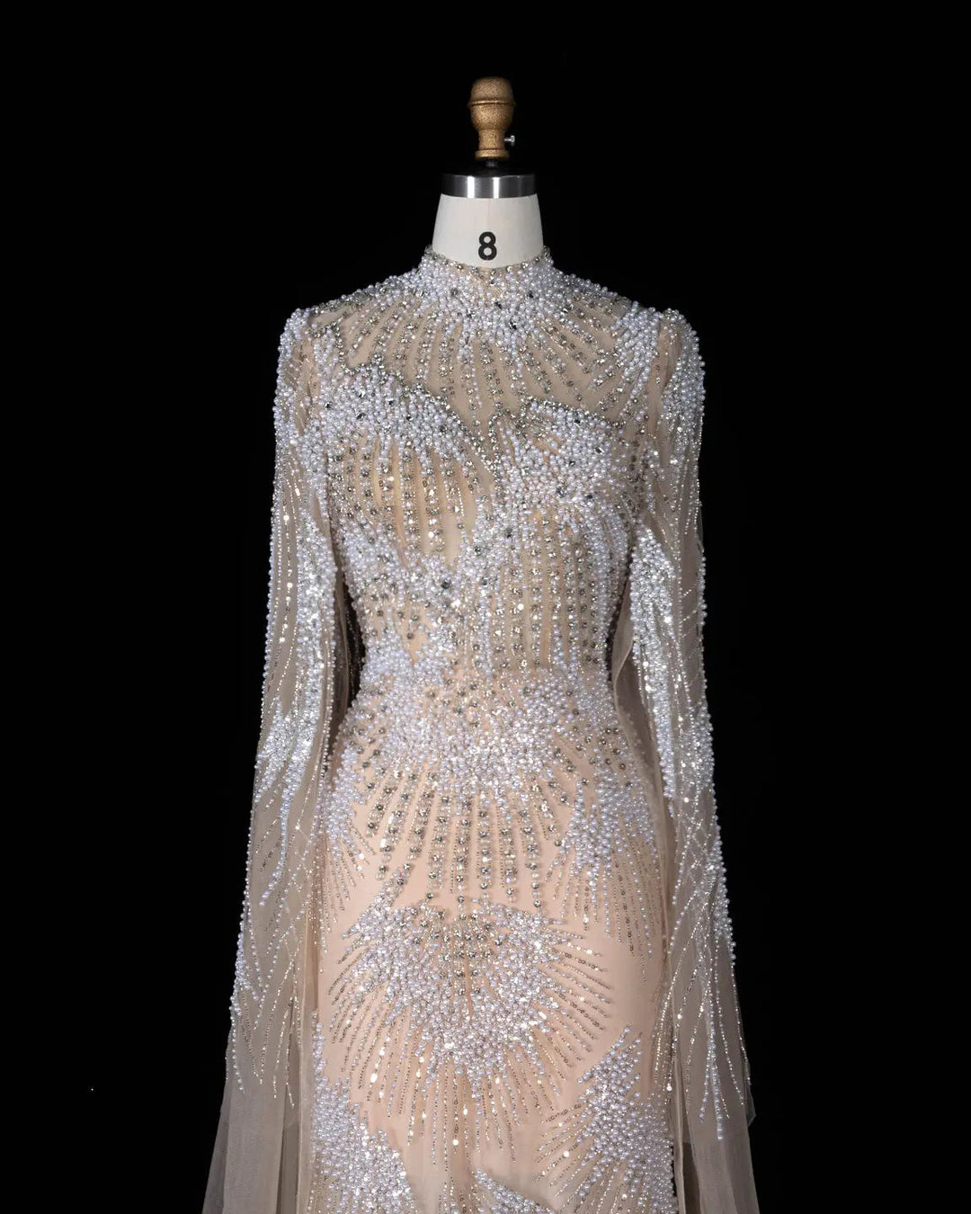 Dreamy Vow SS022 white nude crystal pearl beaded high neck long sleeve evening gown